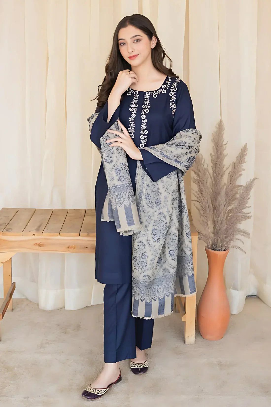 nc-841 Blue Dhanak Embroidered three piece With Woolen Duppata Unstiched