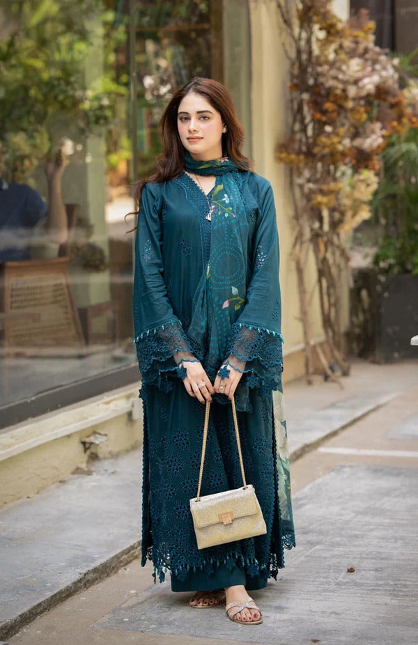 Zarashahjhan Heavy Embroidered Dhanak & printed chiffon dupatta with plan trouser Unstiched