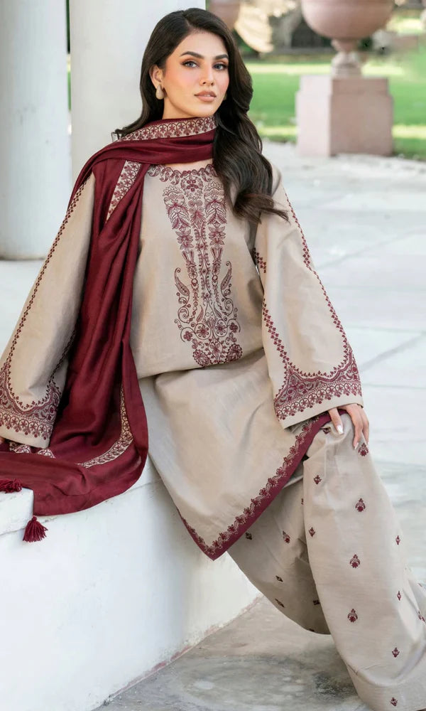 Baroque Embroidered Dhanak three piece suite Unstiched