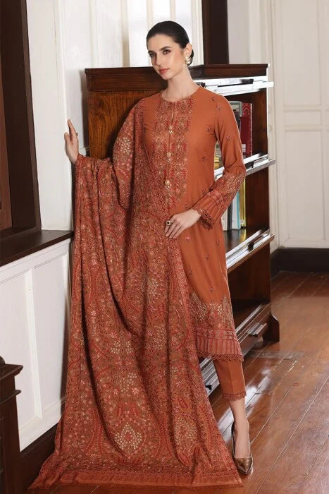 Breeze-3PC Embroidered shirt & paln trouser with Embroidered shawl Unstiched