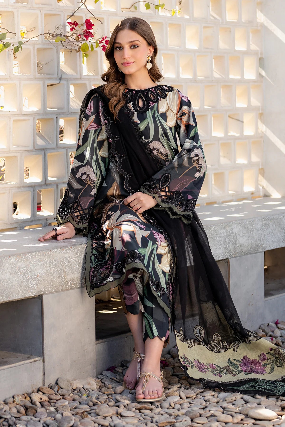 BAROQUE-3PC printed lawn&trouser with Shafon printed dupata with patches Unstiched