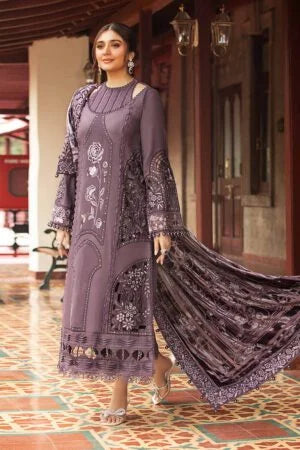 HUSSAIN REHAN-3PC Embroidered shirt & plan trouser with embroidered shawl Unstiched