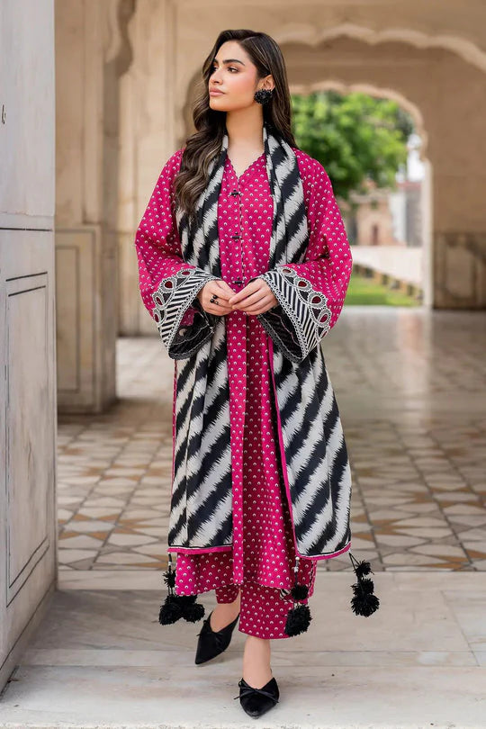 Baroque-3PC karandi Printed Shirt & trouswer with karandi printed dupatta Unstiched