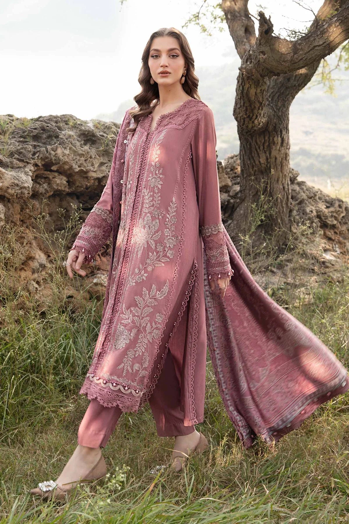 Maria.B-3PC Embroidered shirt & Plan trouser with Woolen printed shawl Unstiched