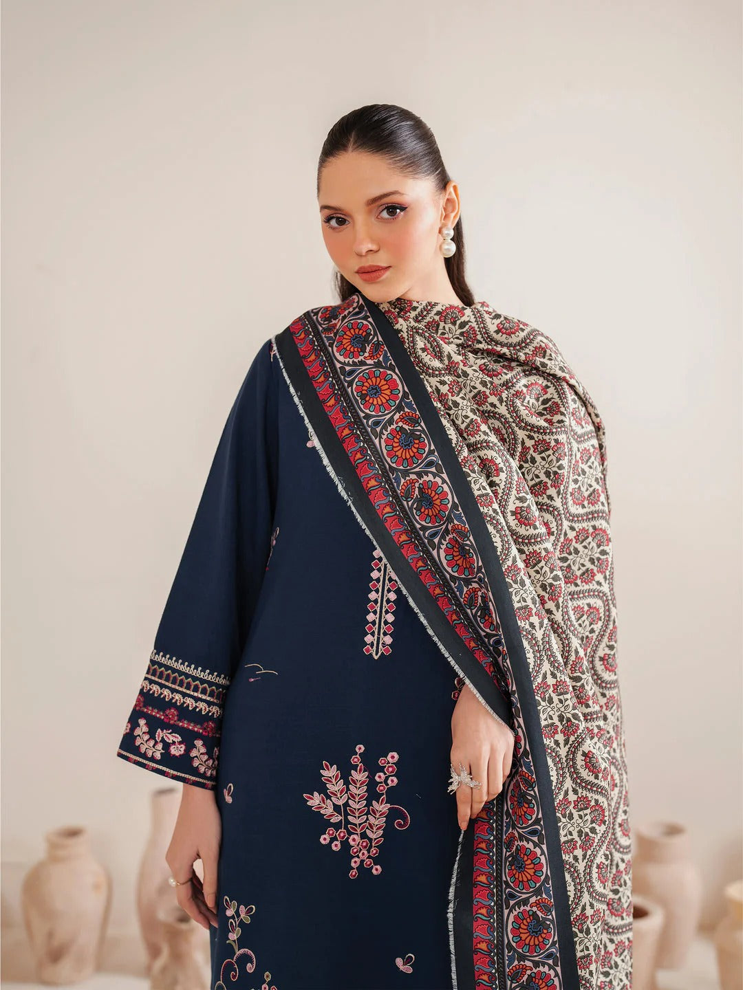 Garnet Embroidered Dhanak Three Piece ameema Unstiched
