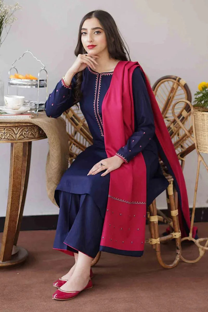 nc-480 (Blue Dhanak) Embroidered three piece With DhanakDuppata Unstiched
