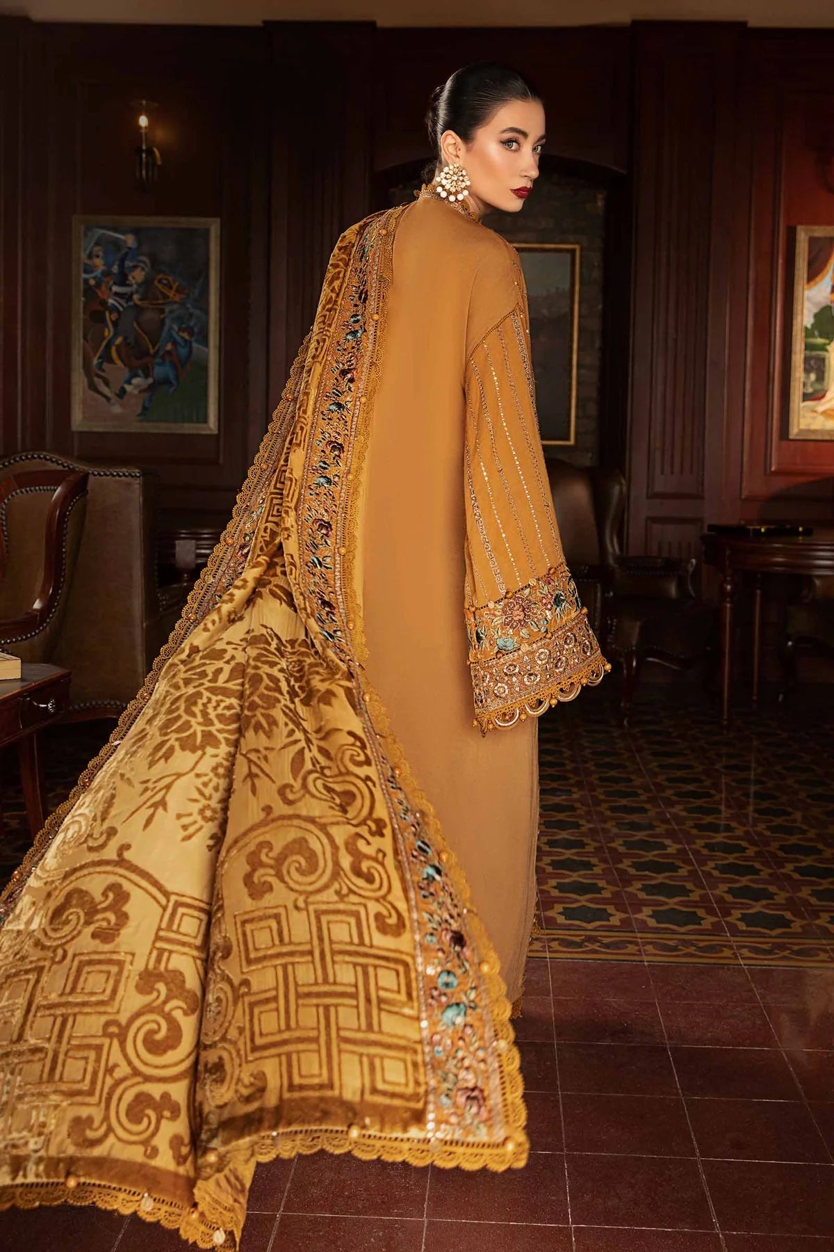 Maria.A-3pc Embroidered dhanak shirt & trouer with printed woolen shawl Unstiched