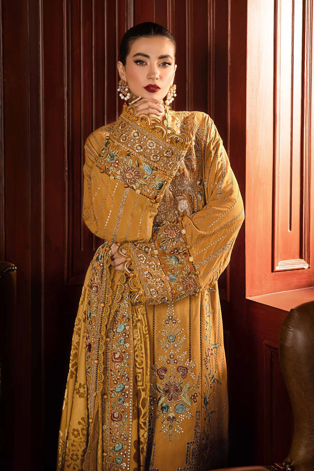 Maria.A-3pc Embroidered dhanak shirt & trouer with printed woolen shawl Unstiched