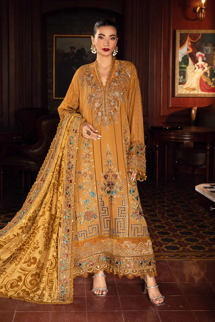 Maria.A-3pc Embroidered dhanak shirt & trouer with printed woolen shawl Unstiched