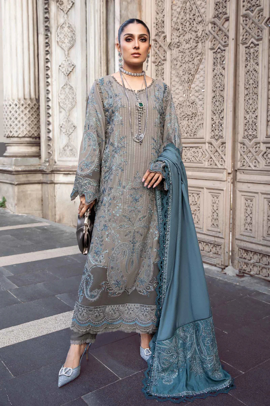 Maria.B-3PC Embroidered dhanak shirt & trouser with Dhanak embroidered shawl Unstiched