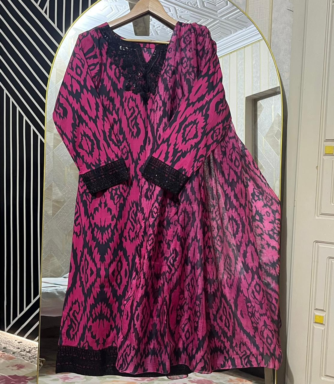 Maria.B - 3PC Karandi Shirt And Printed Dupatta With Patches - Unstitched