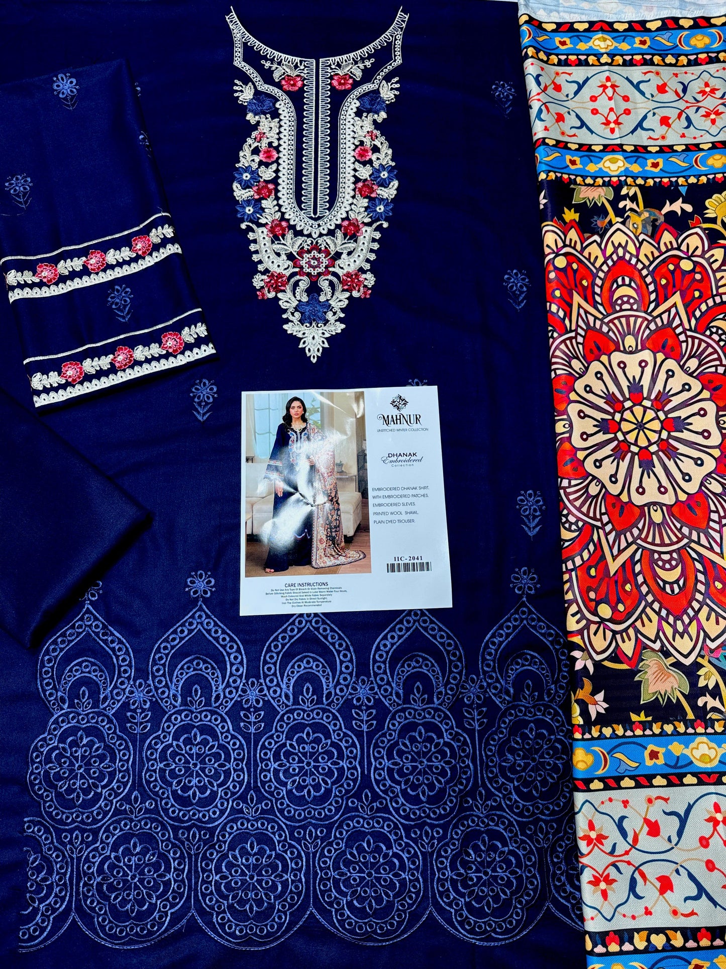 MAHNUR-3PC Suiteembroidered shirt & plan trouser with Embroidered shawl
