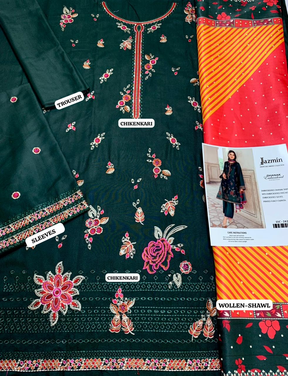 JAZMIN-3PC Embridered sirt & plan trouser with Embroidered shawl Unstiched