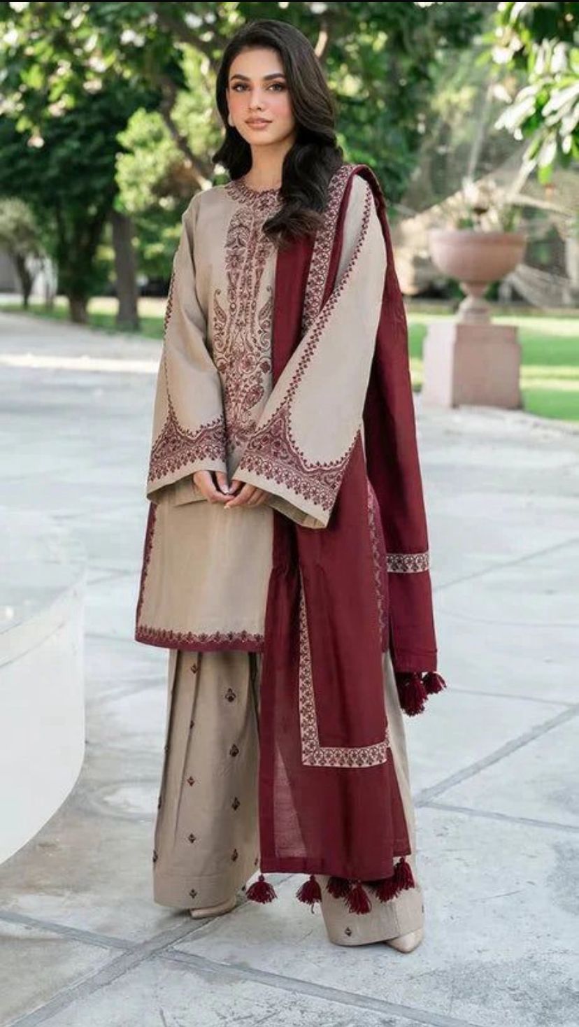 Baroque Embroidered Dhanak three piece suite Unstiched