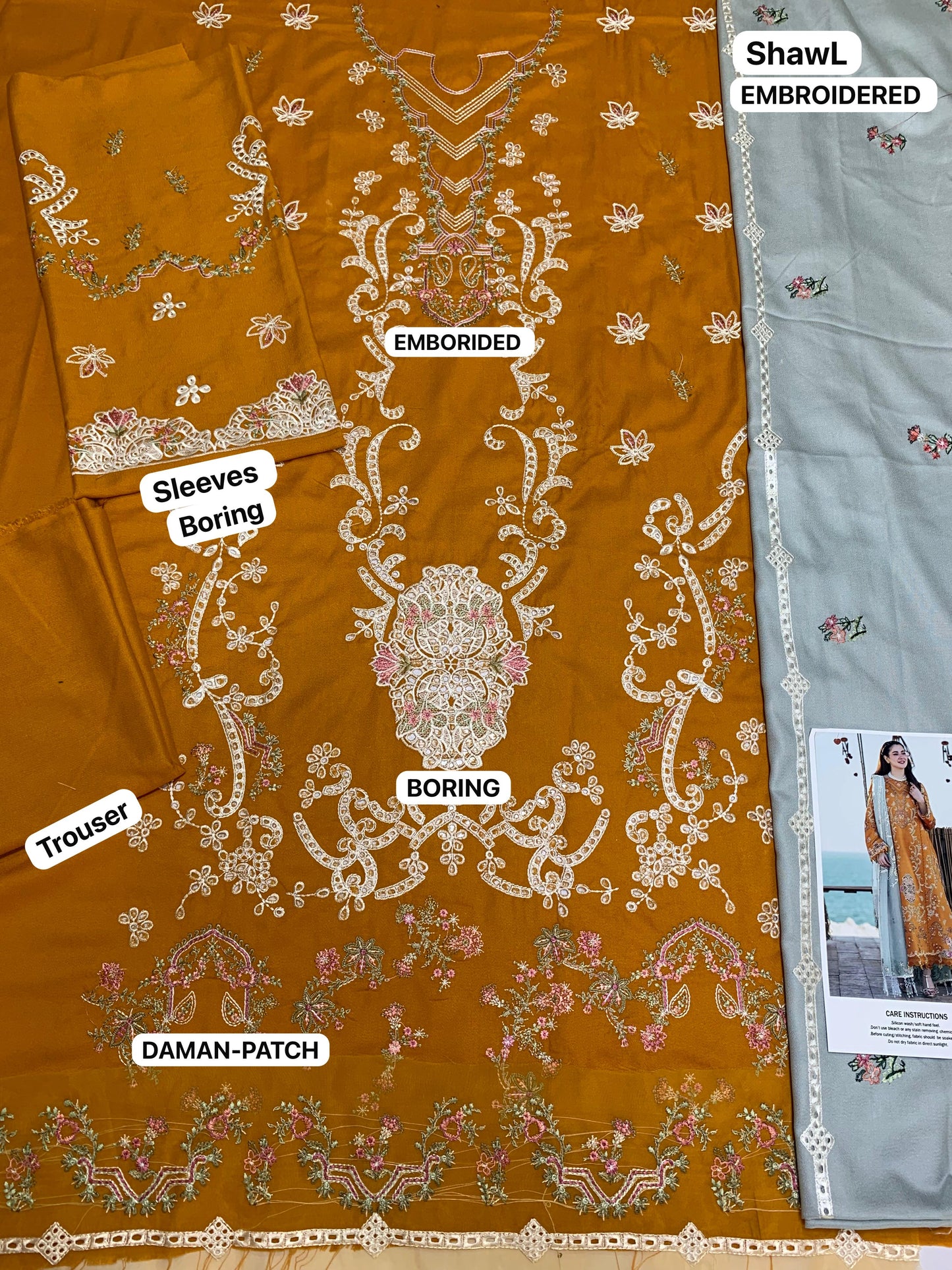 Qalamqar-Embroidered Shirt & Embroidered dhanak shawl with plan trouser Unstiched