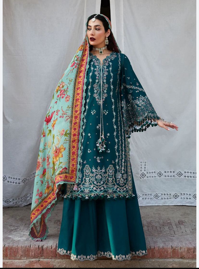 HUSSAIN REHAN-3PC Suite embroidered shirt & plan trouser with Embroidered shawl Quality Dhanak Unstiched