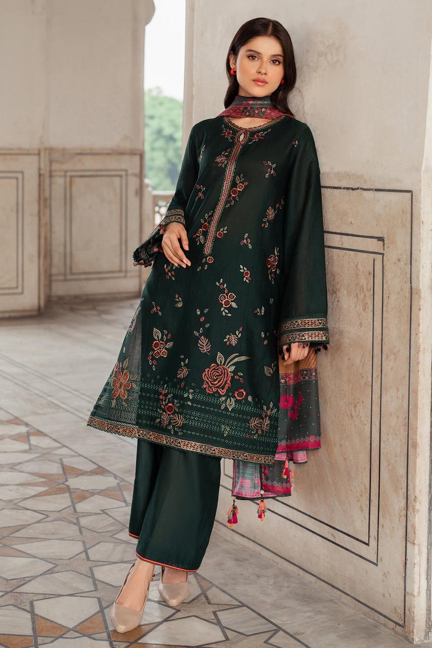 JAZMIN-3PC Embridered sirt & plan trouser with Embroidered shawl Unstiched