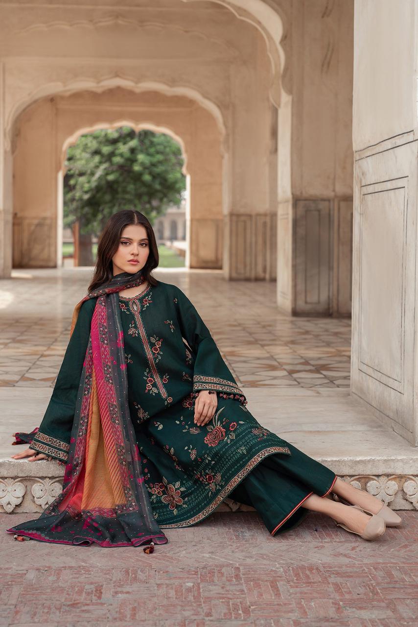 JAZMIN-3PC Embridered sirt & plan trouser with Embroidered shawl Unstiched