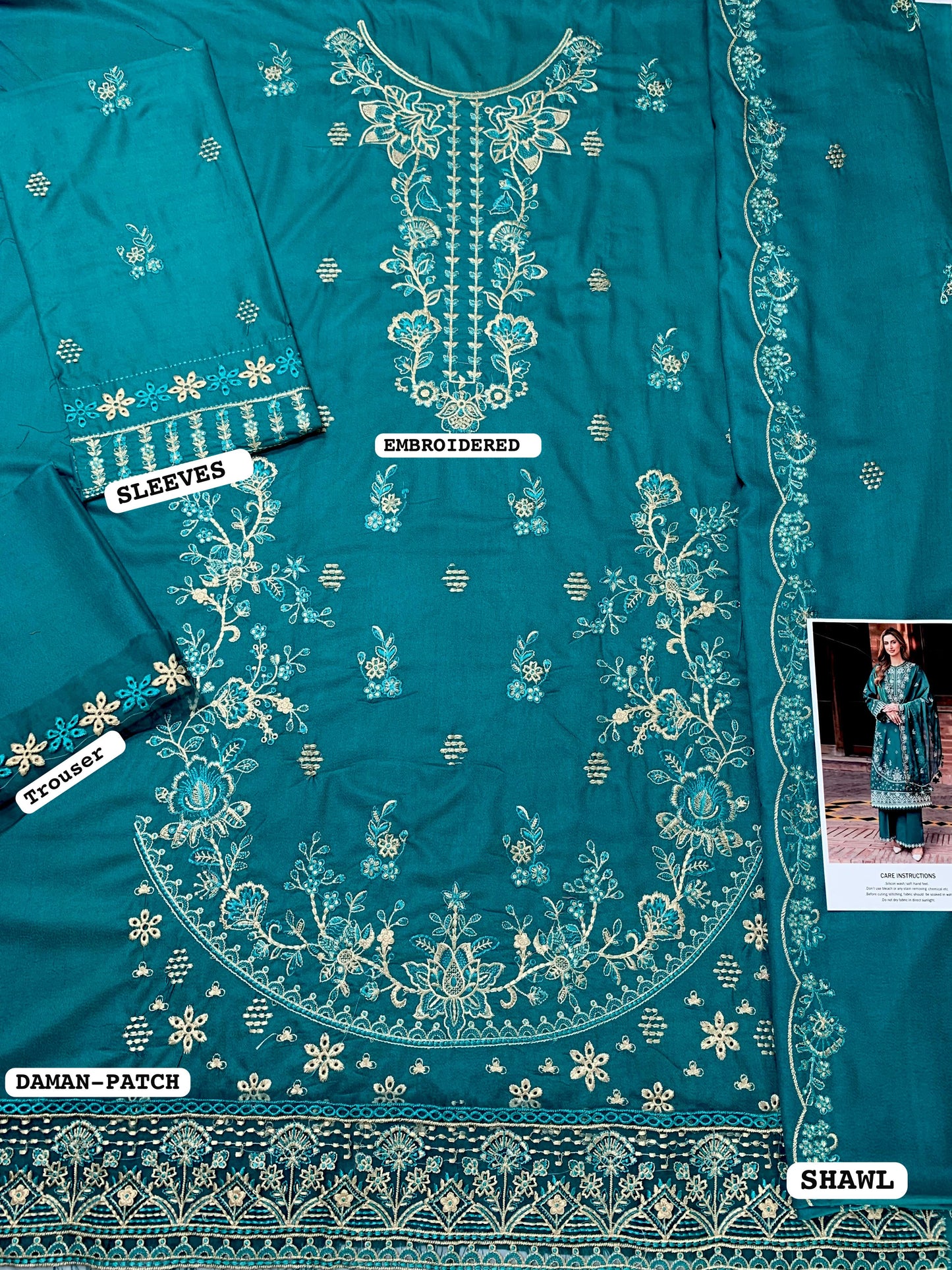 FARASHA-Embroidered Shirt & Printed wollen shawl with plan trouser Unstiched