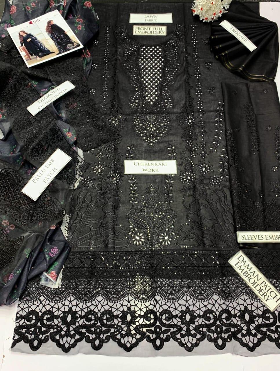 NUR-3PC Fancy embroidered lawn shirt & Digital Printed Diamond Chiffon Dupata with patches Unstiched