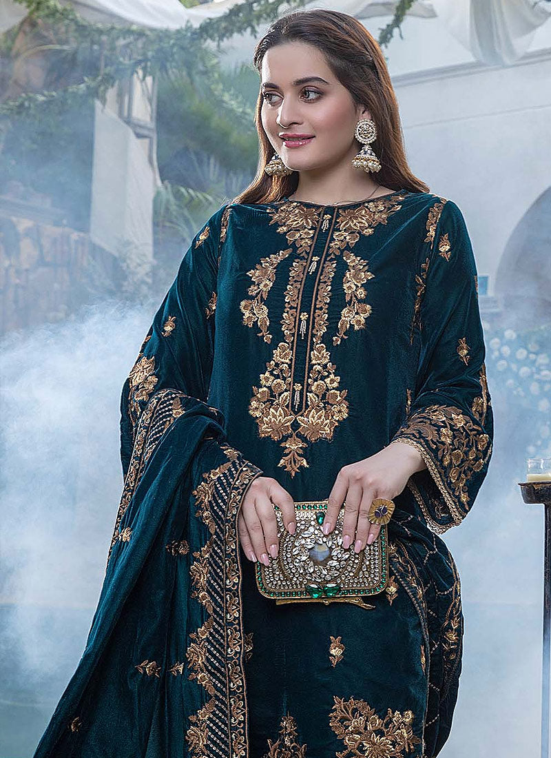 FCC ZC-114 ZINC Embroidered Velvet Three piece With Velvet Shawl Winter Collection Unstiched