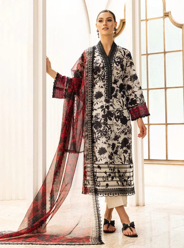 BAROQUE-3PC Printed Karandi shirt & trouser with Karandi dupatta and neckline patch Unstiched