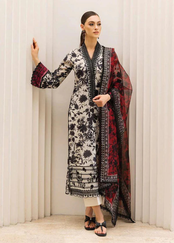 BAROQUE-3PC Printed Karandi shirt & trouser with Karandi dupatta and neckline patch Unstiched