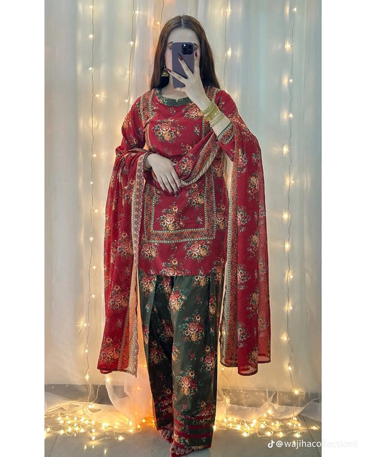 MARIA.B-3PC Printed lawn shirt & trouser with lawn dupatta