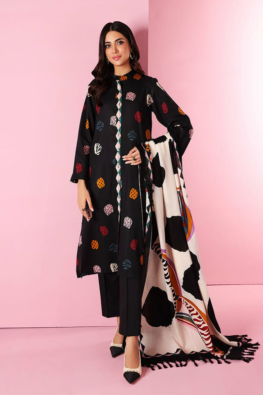 Khaadi 18404 Black Dhanak Embroidered three piece With Wool Shawl Unstiched