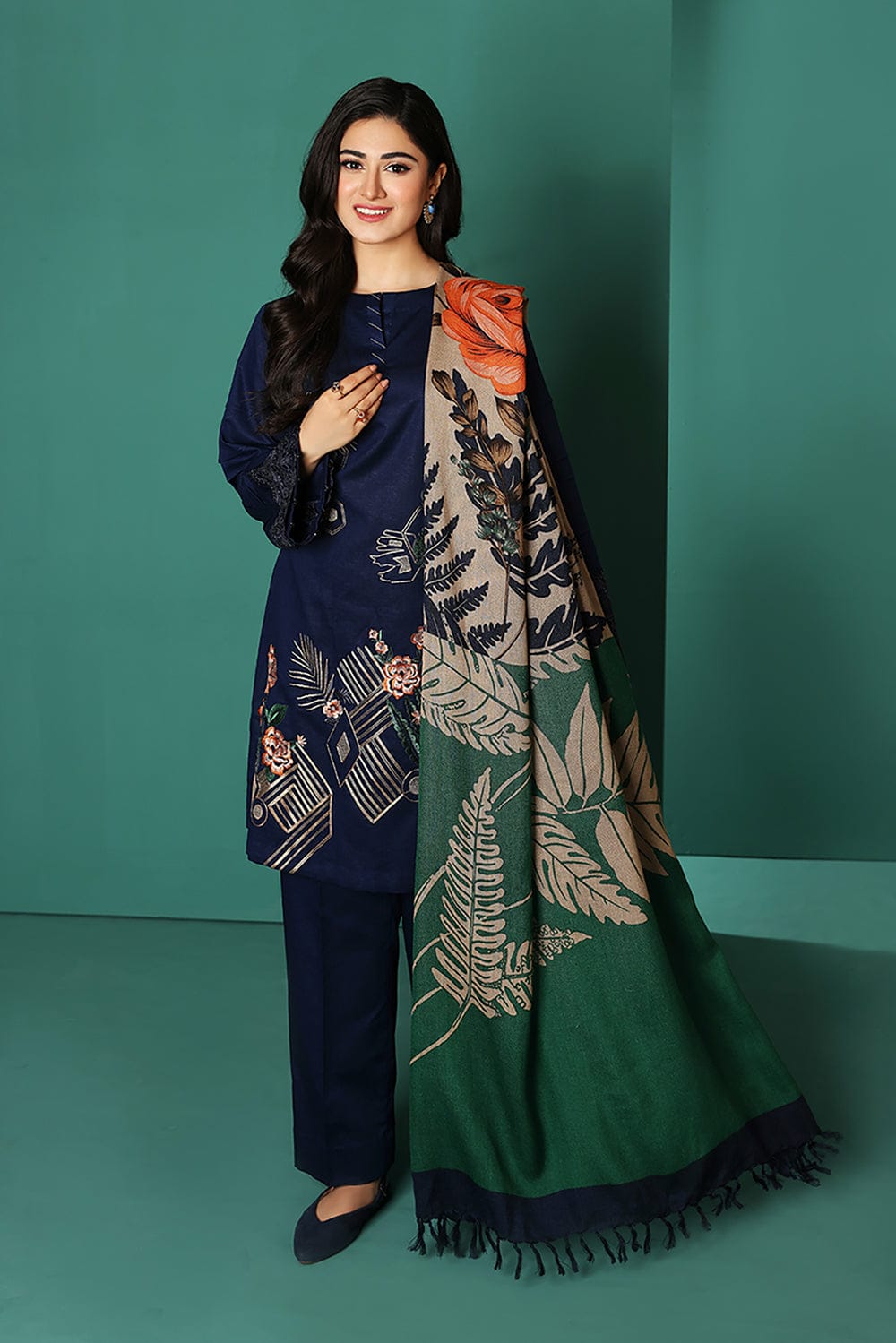 Nishat 539 Blue Dhanak Embroidered three piece With silk Woolen Shawl Unstiched