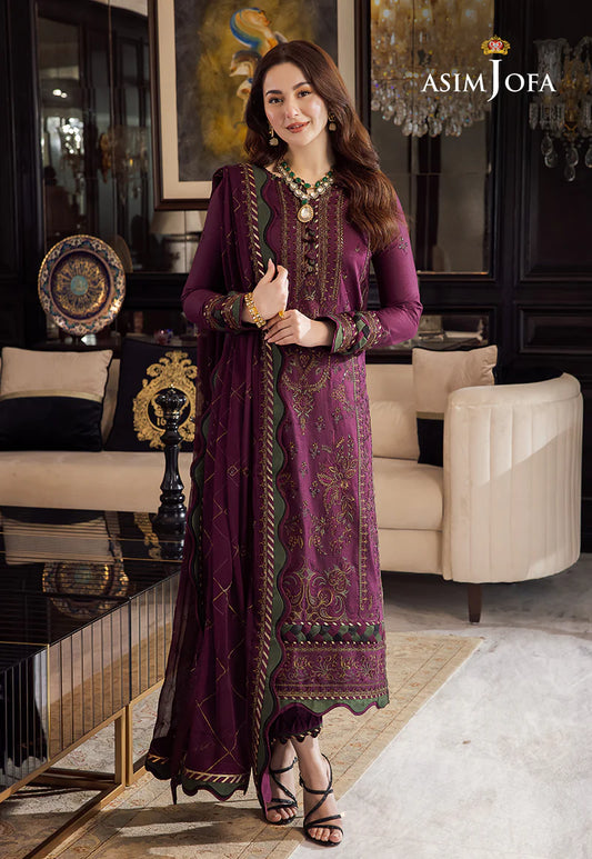 ASIMJOFA-Three piece suite embroidered shirt & plan trouser with with embroidered dhanak shawl Unstiched