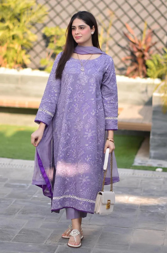 MAHNUR-Three piece suite embroidered shirt & plan trouser with with embroidered dhanak shawl Unstiched