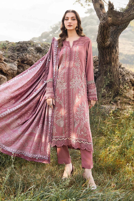 Maria.B-3PC Embroidered shirt & Plan trouser with Woolen printed shawl Unstiched