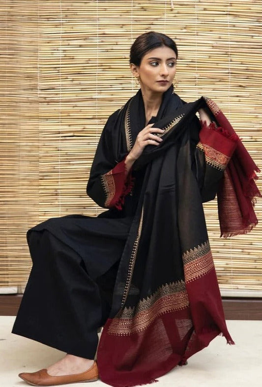 Nayyab Collection Fcc-451 Black Dhanak Embroidered three piece With Dhanak Shawl Unstiched