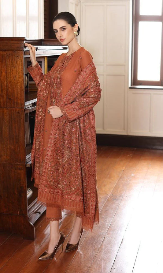 Breeze-3PC Embroidered shirt & paln trouser with Embroidered shawl Unstiched