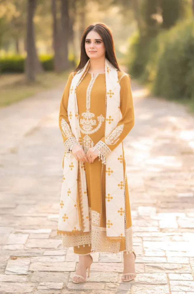 ASLING-3PC EMBROIDERED DHANAK shirt & trouser with embroidered dhanak shawl Unstiched