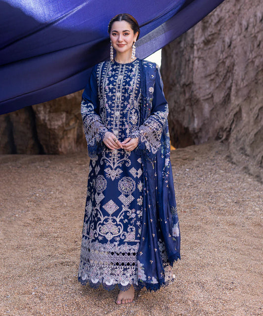 QALMQAR-Three peice suite Embroidered shirt & plan trouser with printed wool shawl