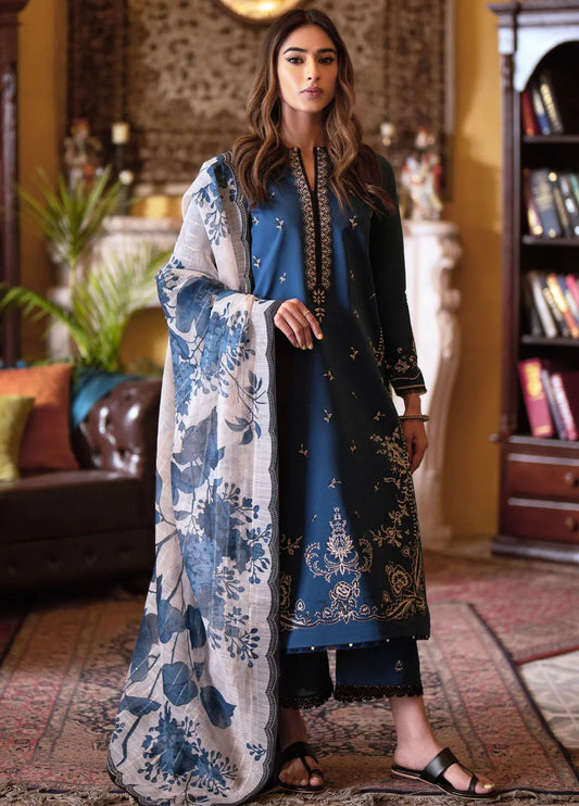NUREH-Embroidered three piece and sleeves embroidered & printed wool shawl