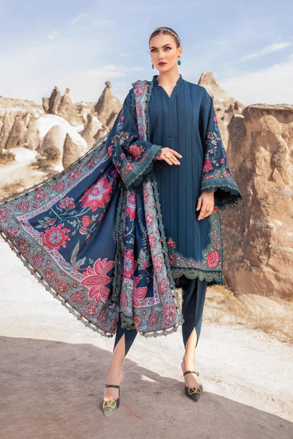 Maria.B-Three peice Front full chikenkari emb & plan trouswer with Digital printed shawl Unstiched