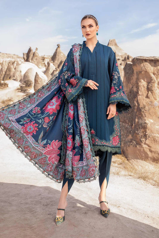 Maria.B-Three peice Front full chikenkari emb & plan trouswer with Digital printed shawl Unstiched