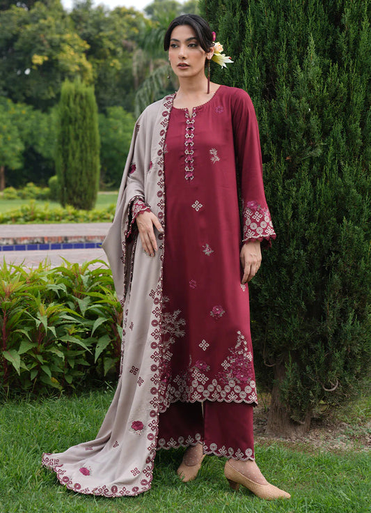 IZEL-Embroidered three piece suite and sleeves embroidered & dhanak embroidered shawl unstiched