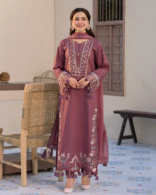 QALAMKAR-3PC Embroidered dhanak Shirt & Trouser with Embroidered Shawl Unstiched