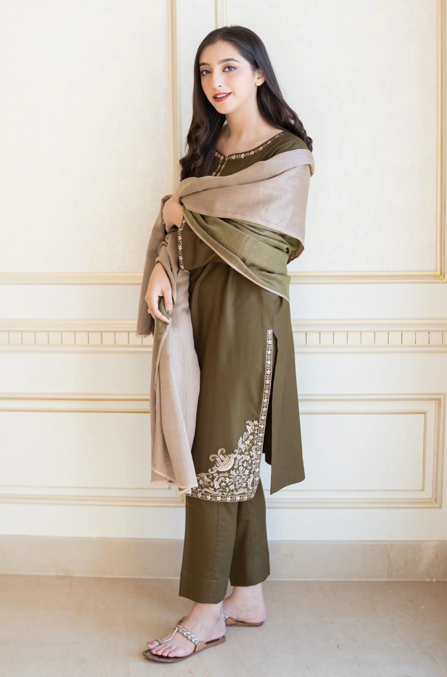 nc-885 Mehndi Dhanak Embroidered three piece With Dhanak Shawl unstiched