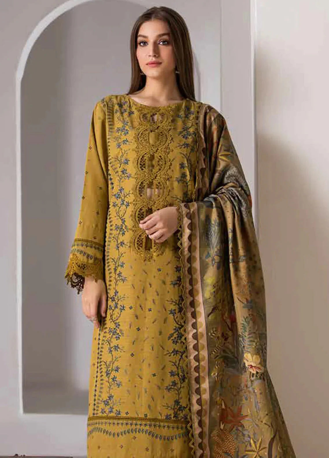 MARIA.B-Three peice suite embroidered shirt & plan trouswer with Digital printed shawl Unstiched