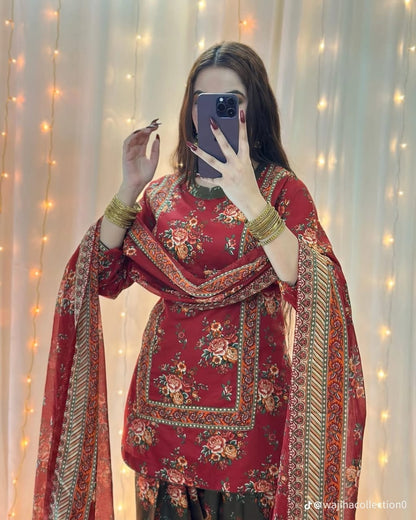 MARIA.B-3PC Printed lawn shirt & trouser with lawn dupatta