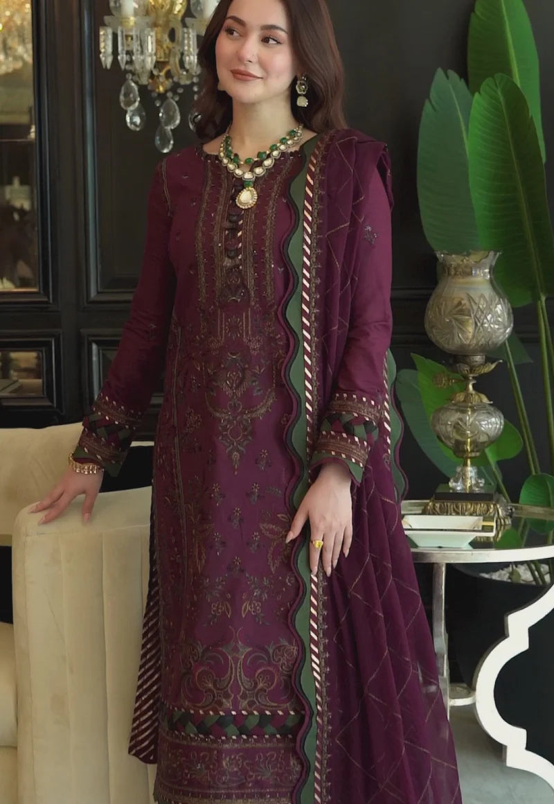 ASIMJOFA-Three piece suite embroidered shirt & plan trouser with with embroidered dhanak shawl Unstiched