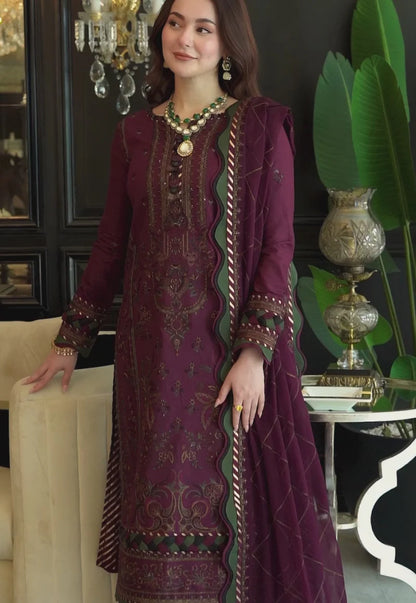 ASIMJOFA-Three piece suite embroidered shirt & plan trouser with with embroidered dhanak shawl Unstiched