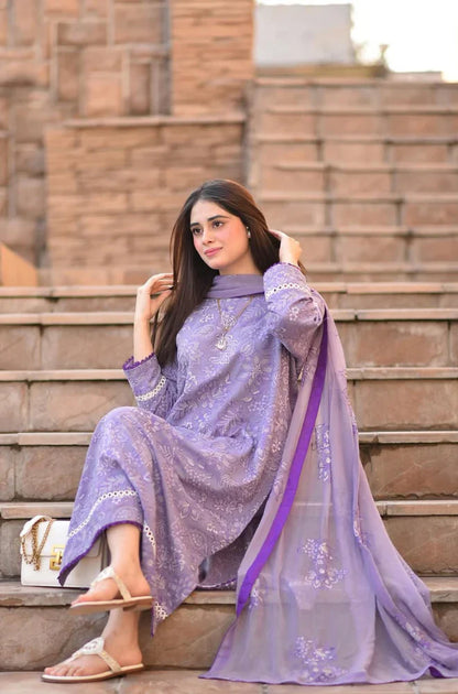 MAHNUR-Three piece suite embroidered shirt & plan trouser with with embroidered dhanak shawl Unstiched