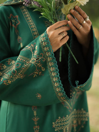 MAHNUR-Embroidered three peice suite andsleeves embroidered & embroidered dhanka shawl