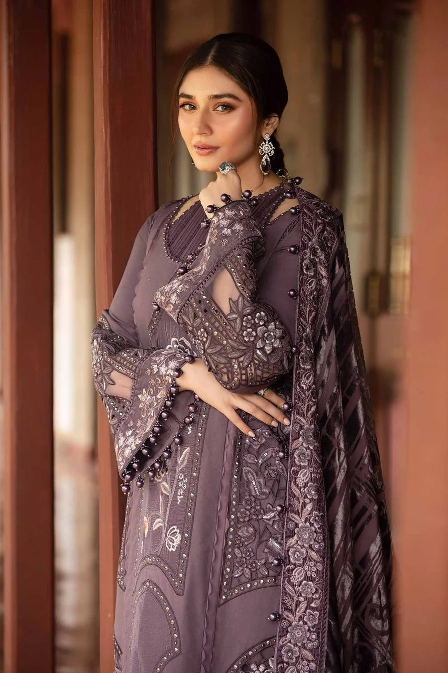 HUSSAIN REHAN-3PC Embroidered shirt & plan trouser with embroidered shawl Unstiched